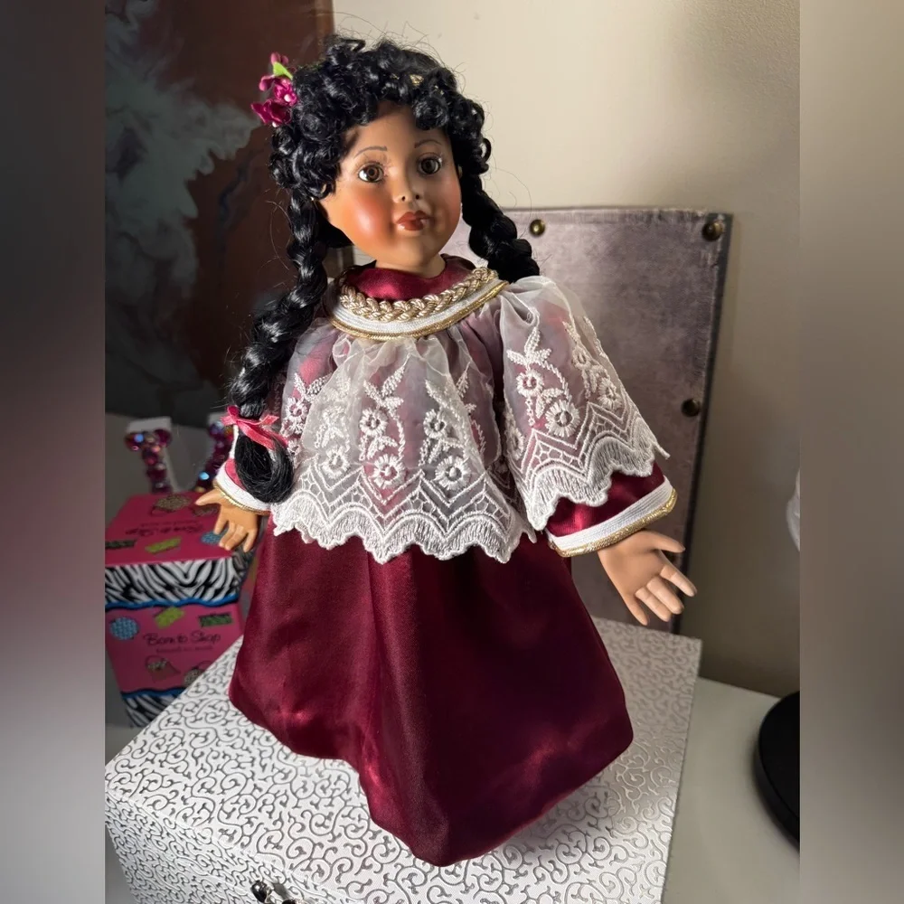 Burgundy Lace Dress Doll with Black Braided Hair and Wind Up Music Box